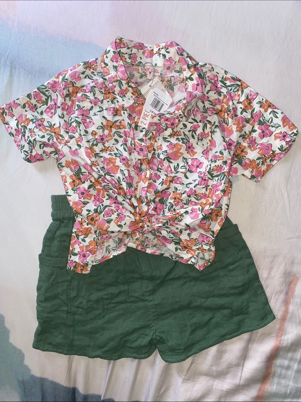 Poof Girl 2 Piece Set Floral Tie-Front Button Shirt with Green Shorts Size 14/16
